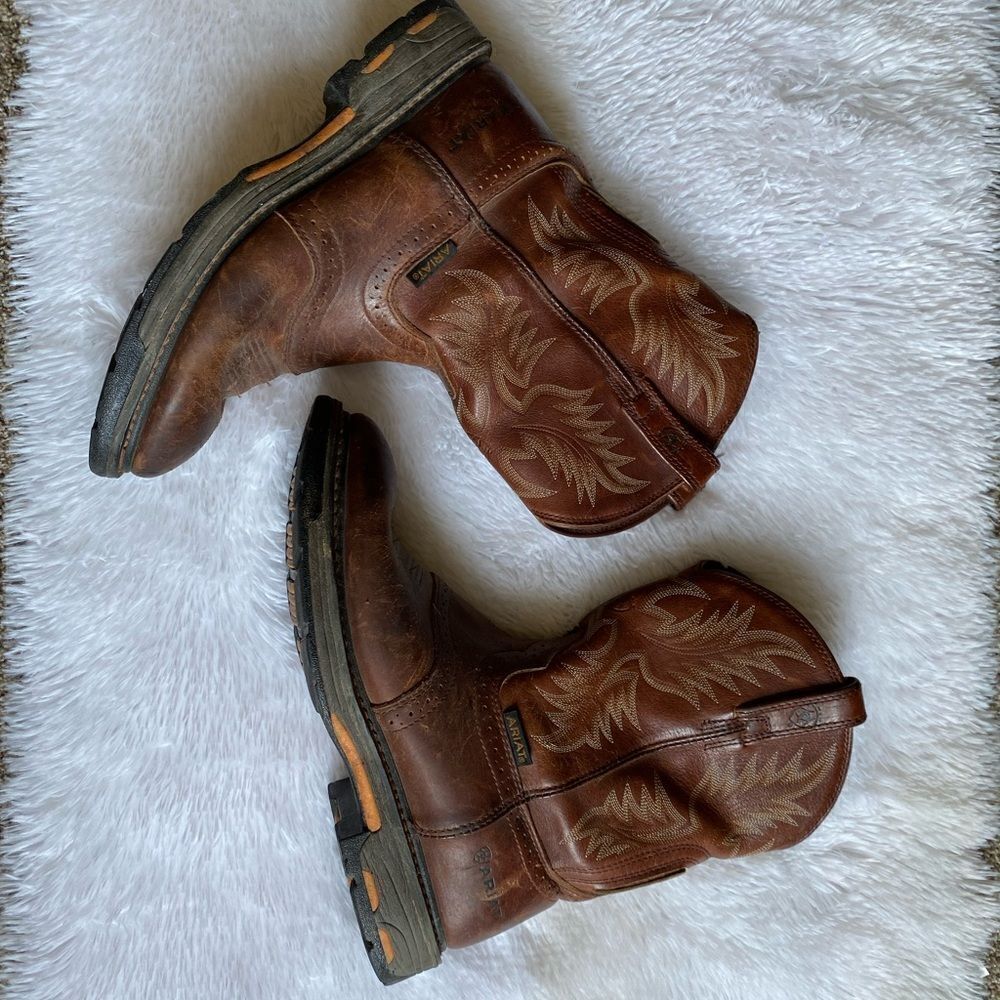Ariat Workhog Pull on Boots Leather Slip Resistant Brown Mens Size 12 D